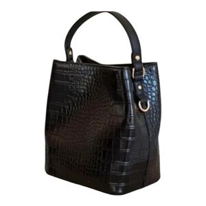 AOTA Elena Vegan Leather Black Croc-Embossed Crossbody Bucket Bag
